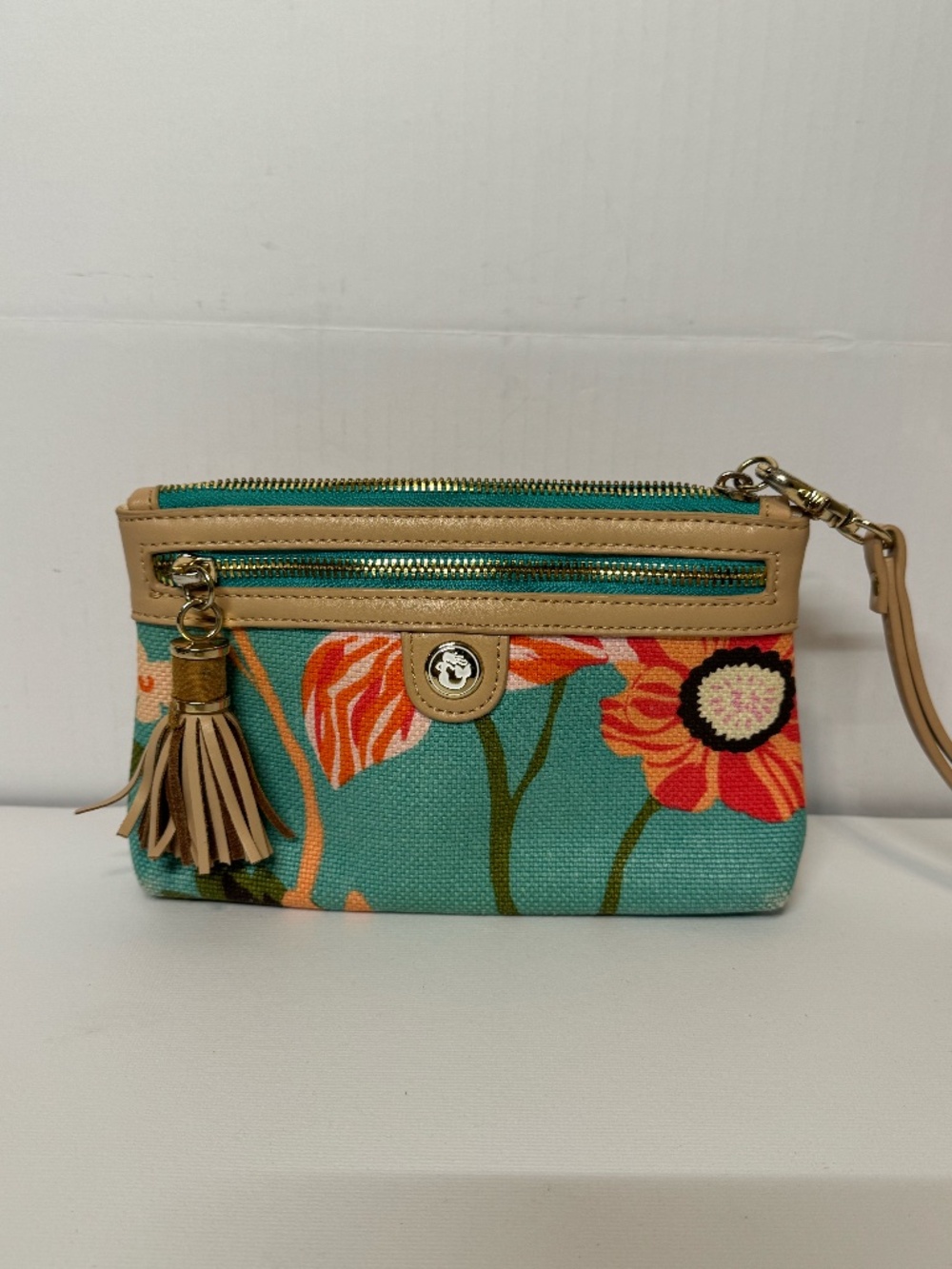 Spartina 449 Daufuskie Island Floral Canvas Wristlet Clutch Leather Tassel Zip